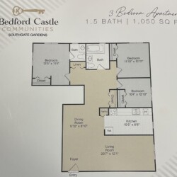 3 Bed 1.5 Bath 1050 square feet floor plan